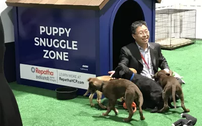 The "puppy snuggle zone" at the American Heart Association (AHA) 2022 meeting where attendees could play with puppies in between sessions. 