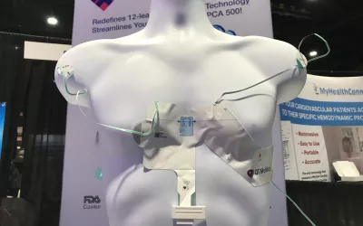 This is a simplified, disposable ECG 12-lead system that allows fast patient setup with leads that will not get confused as to where they should be placed. This was shown by QT Medical on the expo floor of the 2022 American Heart Association (AHA). The leads have FDA and CE mark clearance. 