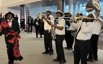 A New Orleans jazz band plays at the ACC.23 meeting. #ACC #ACC23