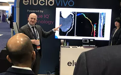 Todd C. Villines, MD, chief medical officer at Elucid, presents at its booth at ACC.23 on a new FFR-CT technology the AI vendor is developing that uses an algorithm that assesses the plaques in the arteries to determine hemodynamic flow non invasively. The company also showed its FDA-cleared AI that performs detailed soft plaque assessment to go beyond calcium scoring for a more accurate measure of patient risk and to monitor the progress of preventive therapies. #ACC #ACC23 #Elucid #AIcardiology