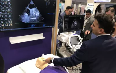 Transesophageal echo (TEE) training simulator in the ACC23 GE Healthcare booth to help show how a smaller pediatric probe the vendor released is easier to insert and image with.