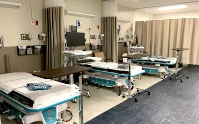 Patient pre and recovery bays similar to a hospital at the jointly managed Banner Health and Atlas Healthcare Partners ambulatory surgical center (ASC) cath lab in Sun City, Arizona.