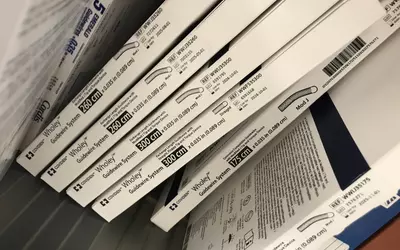 Guidewires on a supply cart in the main cath lab, Banner Sun City ASC.