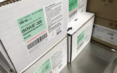 Iodine contrast for cath lab in a stock room. Banner ASC in Sun City, Arizona.