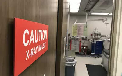 Door from the control room into the main cath lab, Banner ASC in Sun City, Arizona.