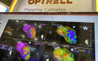 Biosense Webster Optrell EP ablation electro mapping catheter on display at HRS 2023. Photo by Dave Fornell