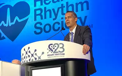 Bradly Knight, MD, Northwestern, presenting a case study on the main stage at HRS 2023. Photo by Dave Fornell