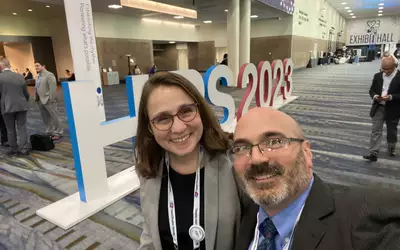 Former HRS President Christine Albert, MD, at Cedars-Sinai, and Cardiovascular Business Editor Dave Fornell at HRS 2023.