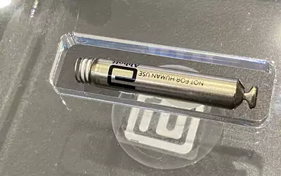 Abbott Aveir VR leadless pacemaker displayed at HRS 2023. Photo by Dave Fornell
