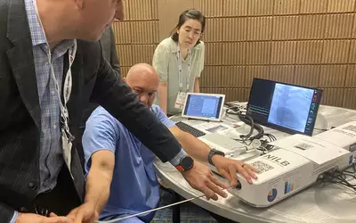 Laser lead management simulator at a Philips training session at HRS 2023. Photo By Dave Fornell