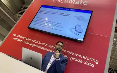 Asim Ahmed, DO, Cardiac Electrophysiologist, Ascension Medical Group, Sacred Heart Cardiology, Pensacola, Florida, presents in the PaceMate booth at HRS 2023 on how his center connected its remote monitoring devices from various vendors into one platform with direct connection with Epic.