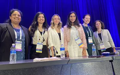 A rare all-women panel at an ASE session focused on amyloid imaging at ASE 2023. From left to right are Ridhima Goel, MBBS, SUNY Downstate Medical Center; Purvi Parwani, MD, Loma Linda; Alena Vilner, sonographer, UMass Memorial Medical Center; Roosha Parikh, MD, St. Francis Hospital; Sarah Cuddy, MD, Brigham and Womens; and Jeanne Decara, MD, University of Chicago.