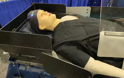 Radiation protection in the cath lab to protect the echoc cardiographer during structural heart procedures. Interventional echo cardiographers are exposed to more radiation during procedures than the interventional cardiologist because of the position they sit at next to and often over the patient to guide the TEE probe. This bed-mounted system of shields is made of lightweight carbon fiber and bismuth. Egg Medical showed this in their booth on the expo floor. #ASE2023