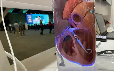 Abiomed Impella pump in heart in a jar pumping demo at TCT 2023. Photo by Dave Fornell