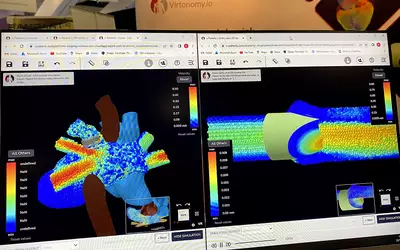 Cardiac computer modeling to create a digital twin to test devices and techniques in a virtual environment using real patient data parameters. Displayed by Virtonomy IO at TCT 2023. Photo by Dave Fornell