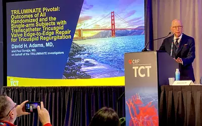 David Adams, MD, cardiac surgeon, Mt. Sinai, speaks at a late-breaking clinical trial press conference on the results of the TRILLUMINATE trial at TCT 2023. Photo by Dave Fornell