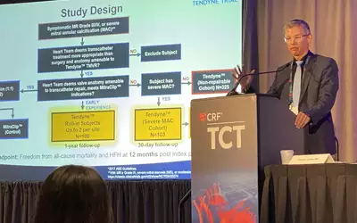Jason Rogers, MD, UC Davis, explains the late-breaking SUMMIT Tendyne TMVR during a press conference at TCT 2023. Photo by Dave Fornell