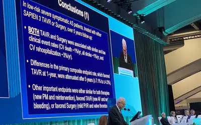  Martin Leon, MD, presents the PARTNER s Low-Risk TAVR 5-year results, which was the most impactful late-breaking trial at TCT 2023. Photo by Dave Fornell