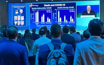Martin Leon, MD, presents the PARTNER 3 Low-Risk TAVR 5-year results, which was the most impactful late-breaking trial at TCT 2023. Photo by Dave Fornell