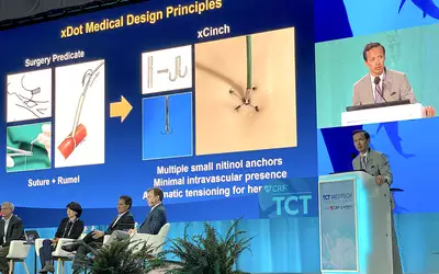 Paul Sorajja, MD, Minneapolis Heart, speaking at a TCT 2023 Shark Tank presentation for the xDot vascular closure device. Photo by Dave Fornell