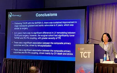 Rebecca Hahn explains echo data from the late breaking PARTNER 3 low-risk TAVR during a press conference at TCT 2023. Photo by Dave Fornell