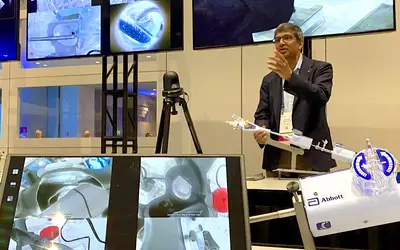 Susheel Kodali, MD, running a training session for how to implant a MitraClip at TCT 2023. Photo by Dave Fornell