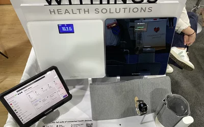 Wearable blood pressure cuff, heart failure scales, watch that can track heart rate, sleep and activity, and a remote patient monitoring tracking app for clinicians displayed by Withings ACC24.