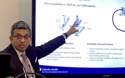 Samir Kapadia, MD, Cleveland Clinic, discusses the Edwards Lifesciences Pascal transcatheter edge-to-edge repair (TEER) device used in mitral and tricuspid valve repairs during an Optimizing PCI learning lab session sponsored by St. Francis Hospital and Heart Center at ACC.24.