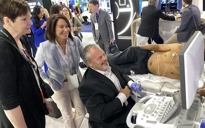 Demonstration of the Siemens Origin cardiac ultrasound at ACC.24. The system was released in 2023 and offers an AI driven workflow to help automate all the common cardiac echo measurements, including strain, to greatly speed workflow and reproducibility.