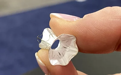 The V-Wave intra-atrial shunt to treat heart failure on display on the expo floor at ACC.24. The device was used in one of the late breaking trials at ACC. DF 3