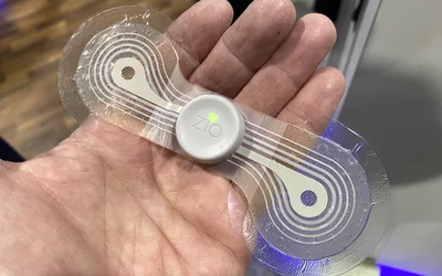 A new version of the Zio wearable cardiac monitor patch on display at ACC.24. The iRhythm device was among the first new generation wearable ECG patches that have largely taken over the role of Holter monitoring in cardiology.