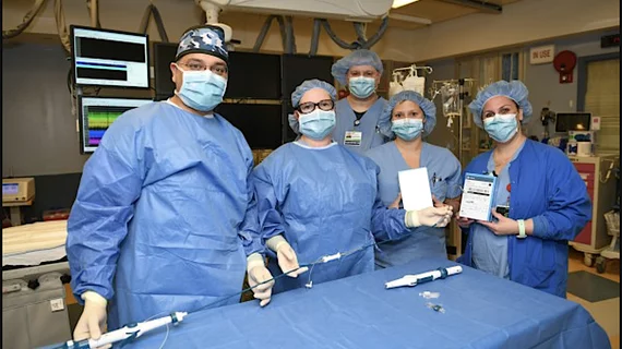 Hackensack Meridian Jersey Shore University Medical Center EP lab staff that performed the first dual-chamber leadless pacemaker implant at the hospital. From left is Mark Mascarenhas, MD, Toni Donovan RN, BSN, CVN; Tim StJean, R.N. trainee; Liz Bianchini RN; and Melissa D'Altilio, RN, with the Abbott Aveir DR pacemaker technology. #EPeeps #EPlab #Aveir 