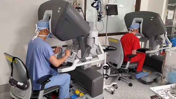 Cardiothoracic surgeons perform UCSF's first robotic mitral valve surgery. A 3D camera allows surgeons to see the mitral valve and other structures inside the heart. Surgeons use a robotic surgical system to guide the robotic arms and movements of the surgical instruments. 