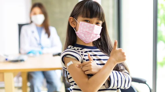 Vaccine-related myocarditis was seen in approximately 0.00005% of children between the ages of 12 and 15. All cases were mild, and the median length of stay at the hospital was three days. . Vaccine child kid young patient covid-19 mask patient