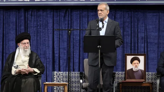 Dr. Masoud Pezeshkian speaking at the endorsement ceremony for Iranian president this week, with Iran's Supreme Leader Ayatollah Ali Khamenei. Photo courtesy off the Government of the Islamic Republic of Iran