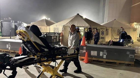 The ASPR’s National Disaster Medical System field hospital set up in the parking lot at Mission Hospital in Asheville this past week to augment the hospital's emergency department and help decompress the pressure on the hospital in the epicenter of the Hurricane Helene disaster. Photo by ASPR