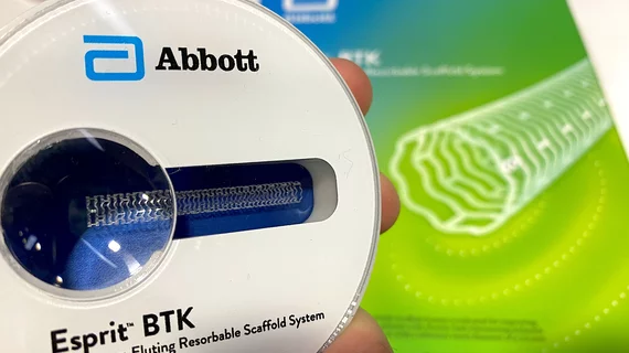 The Abbott Esprit BTK everolimus-eluting biosorbable scaffold system for below the knee peripheral artery disease on display at TCT 2024. Photo by Dave FornellTCTn 2024 DF