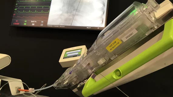 The Siemens Corindus robotic system used for intervention cardiology and neurology procedures. It requires a human operator, but make catheter movemnet much more precise. Photo by Dave Fornell